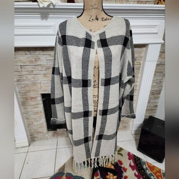 ADRIENNE‎ VITTADINI window pane plaid Jacquard fringed Cardigan plus size 3X new - Picture 2 of 7